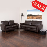 Flash Furniture BT-S8373-SFLS-BRN-GG Milton Park Upholstered Plush Pillow Back Loveseat and Sofa Set in Brown Leather 